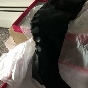 Over the knee wedge black suede boots